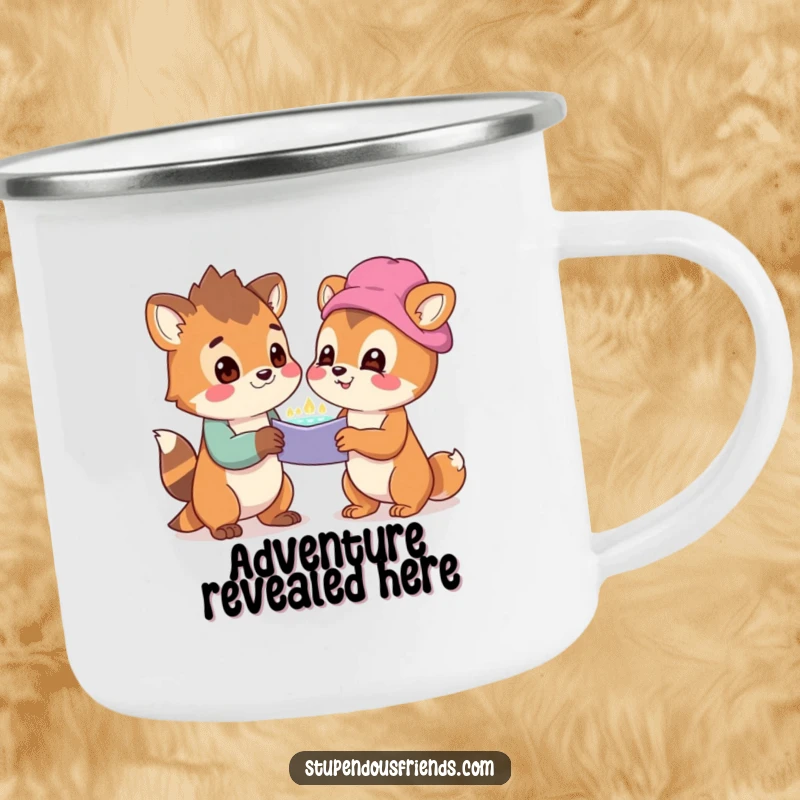 Funny Camping Mug with two animals discovering something amazing in nature, ideal for outdoor enthusiasts.