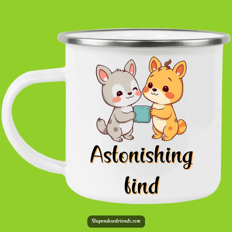 Enjoy your campfire brew with this sturdy and funny camping mug featuring friends discovering something amazing. A unique funny gift for adventurers.