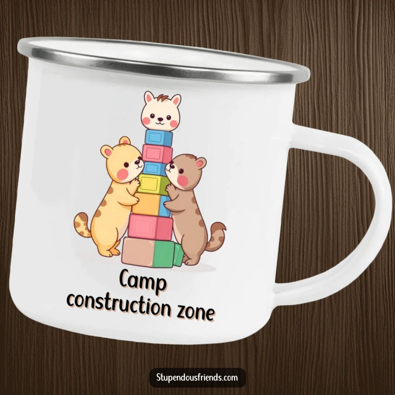 Funny Camping Mug: Two animals building a tower with colorful blocks. This durable and funny mug is perfect for outdoor fun.