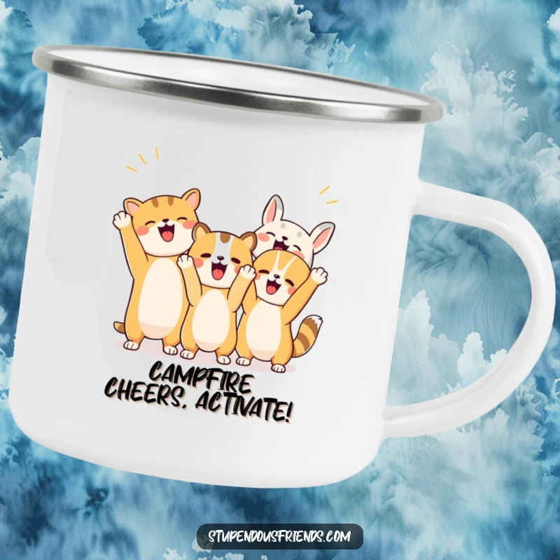Funny camping mug with cheerful animals raising paws and making supportive gestures, perfect for outdoor celebrations.