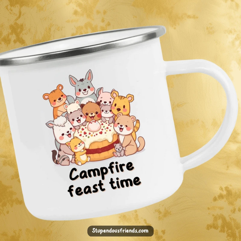 Funny Camping Mug: Several happy animal characters gathered to share a large treat, ready for outdoor enjoyment.