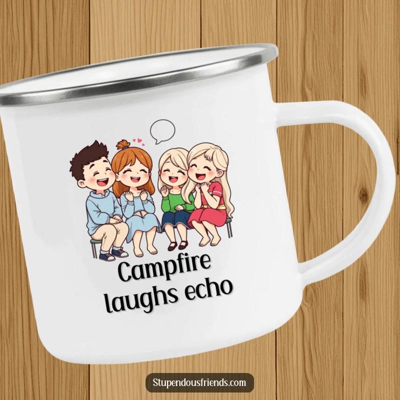 Funny camping mug showing a group of friends laughing together around a campfire, symbolizing shared humor and camaraderie outdoors.