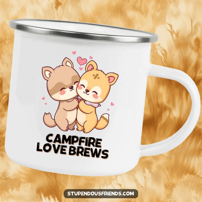 Funny camping mug featuring two animal characters in a loving hug, hearts radiating outwards, ideal for outdoor companionship.