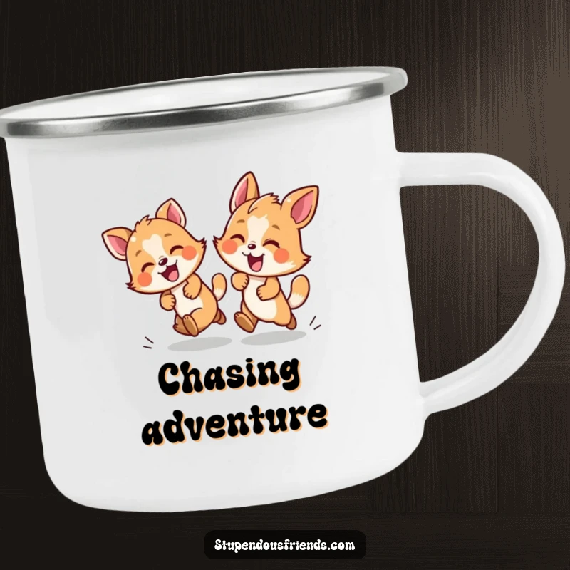 Funny enamel camping mug with two animals in a lively chase, durable for outdoor adventures and symbolizing playfulness.