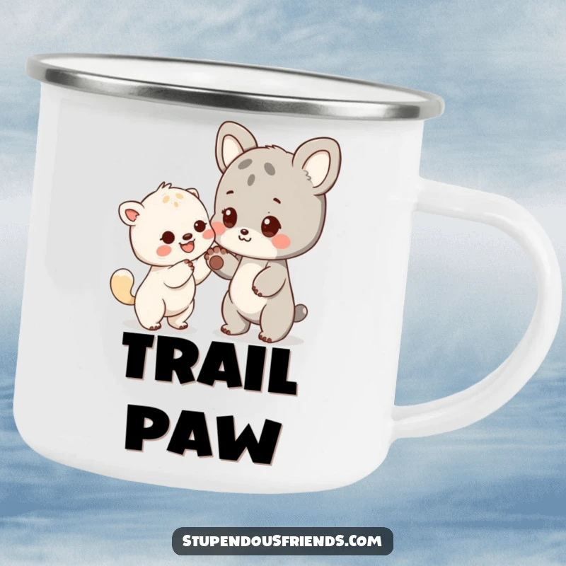 Funny enamel camping mug with an animal character offering a helping paw, durable for outdoor adventures and symbolizing support.
