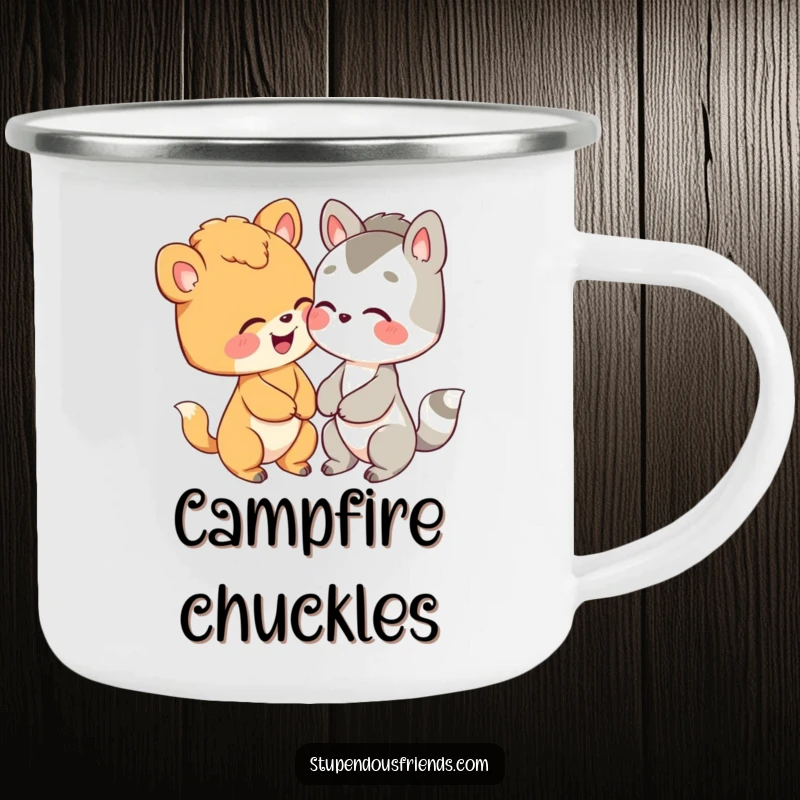 Funny enamel camping mug with two cute animals sharing a moment of pure giggling, durable for outdoor use.