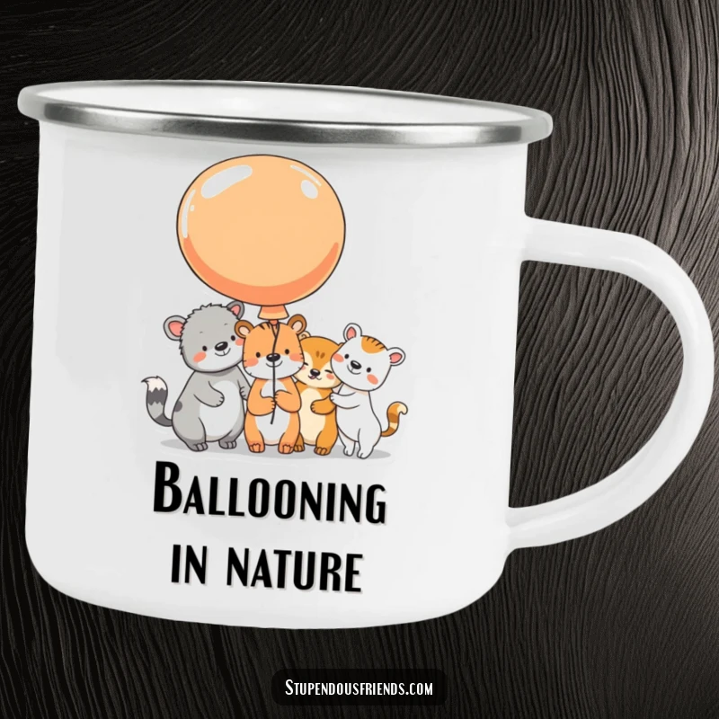 Funny Camping Mug featuring animal characters sharing a large, colorful balloon, their beaming faces ideal for enjoying drinks outdoors with shared joy.