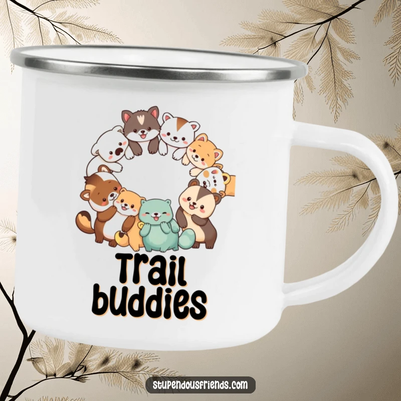 Funny camping mug with a circle of diverse, smiling animal characters holding paws, ideal for outdoor use and cheerful mornings.