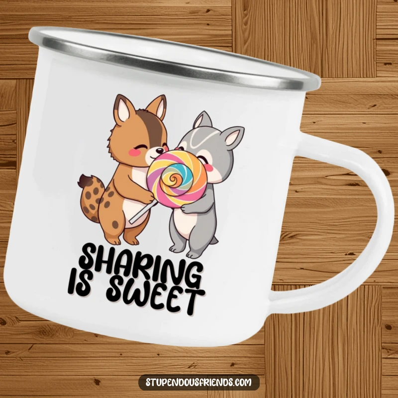 Funny camping mug with two cheerful animals sharing a massive, colorful lollipop, perfect for enjoying drinks in the great outdoors.