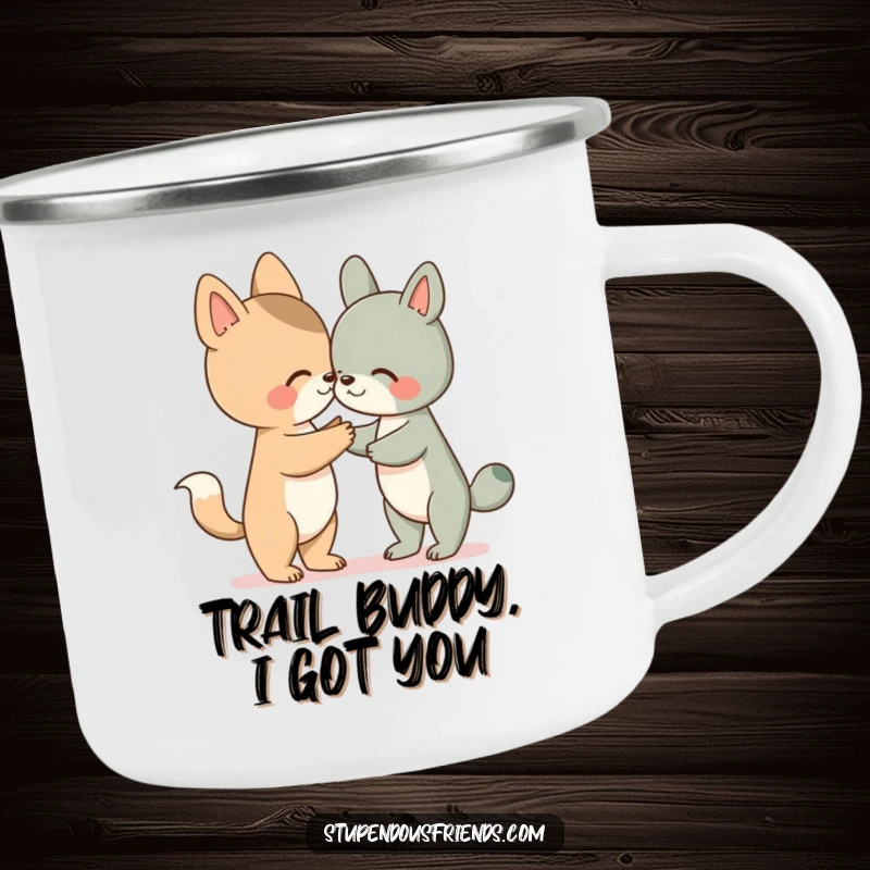 Funny camping mug with an animal character offering a helping paw, perfect for outdoor adventures and sharing warmth humorously.