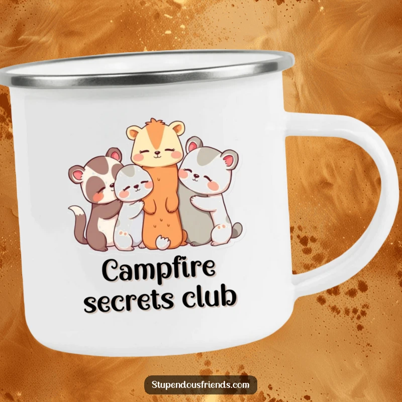 Funny camping mug showing a group of animal characters huddled together, sharing secrets and giggles, perfect for campfire stories.