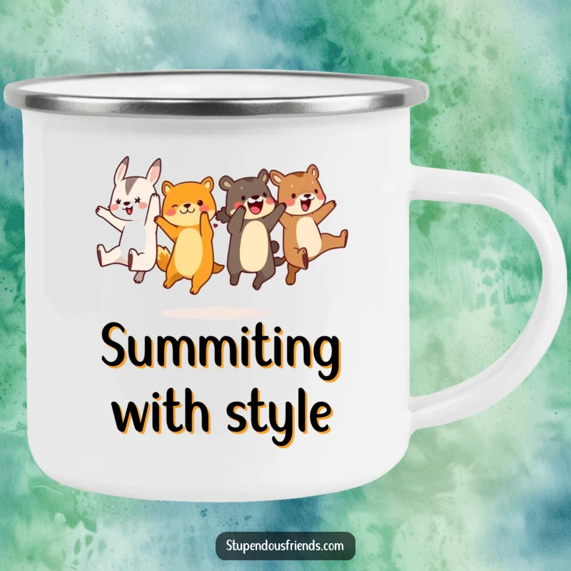 Funny animal characters in a synchronized leap, perfect for a humorous camping mug, adding a touch of playful energy to outdoor trips.