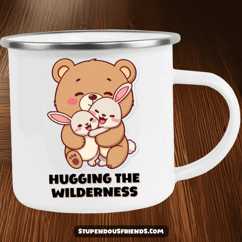 Funny bear and rabbit camping mug, depicting a bear cheerfully hugging a rabbit, perfect for cozy outdoor drinks.