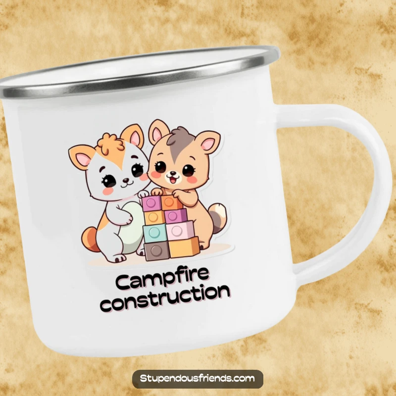 Funny Camping Mug: Animals proudly building with blocks, perfect for outdoor projects and inspiration, a funny gift.