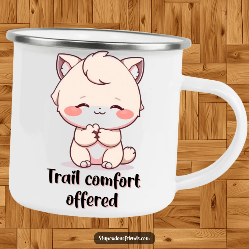 Funny camping mug showcasing a comforting paw offered with a gentle smile, perfect for outdoor warmth.