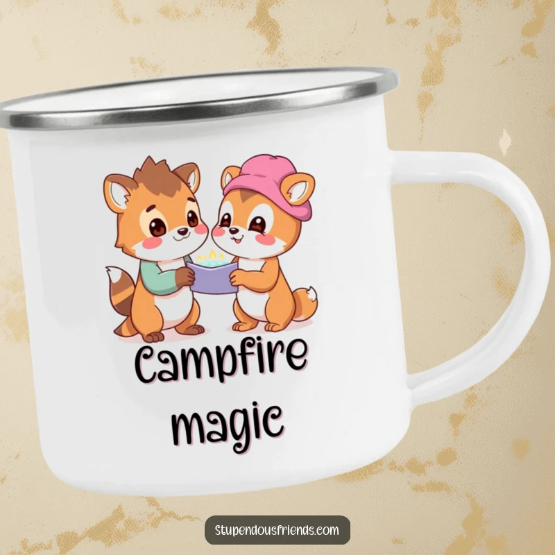 Funny camping mug with two animal characters looking at a shared, wondrous discovery with delight, perfect for outdoor exploration.