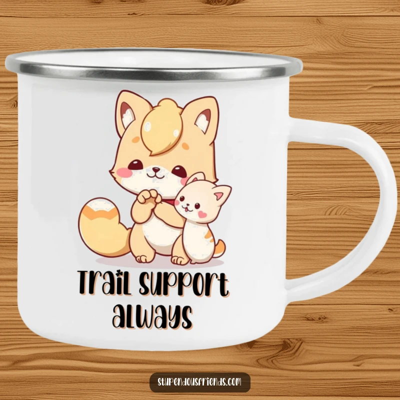 Funny camping mug with a character offering a helping paw to a friend, perfect for outdoor trips and sharing supportive humor.