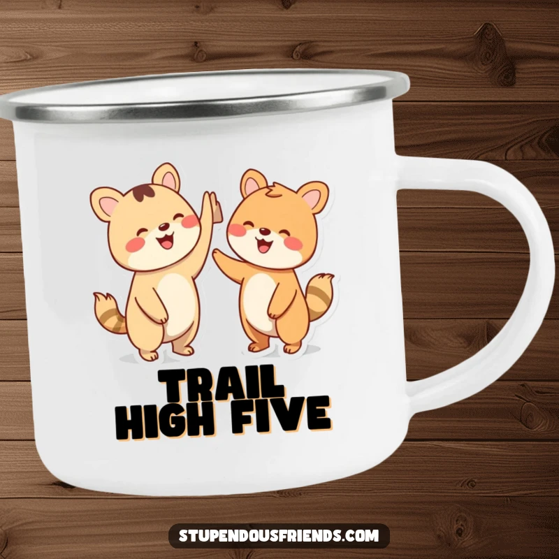 Funny Camping Mug: Two happy animal characters celebrating with a high five, ready for outdoor fun.