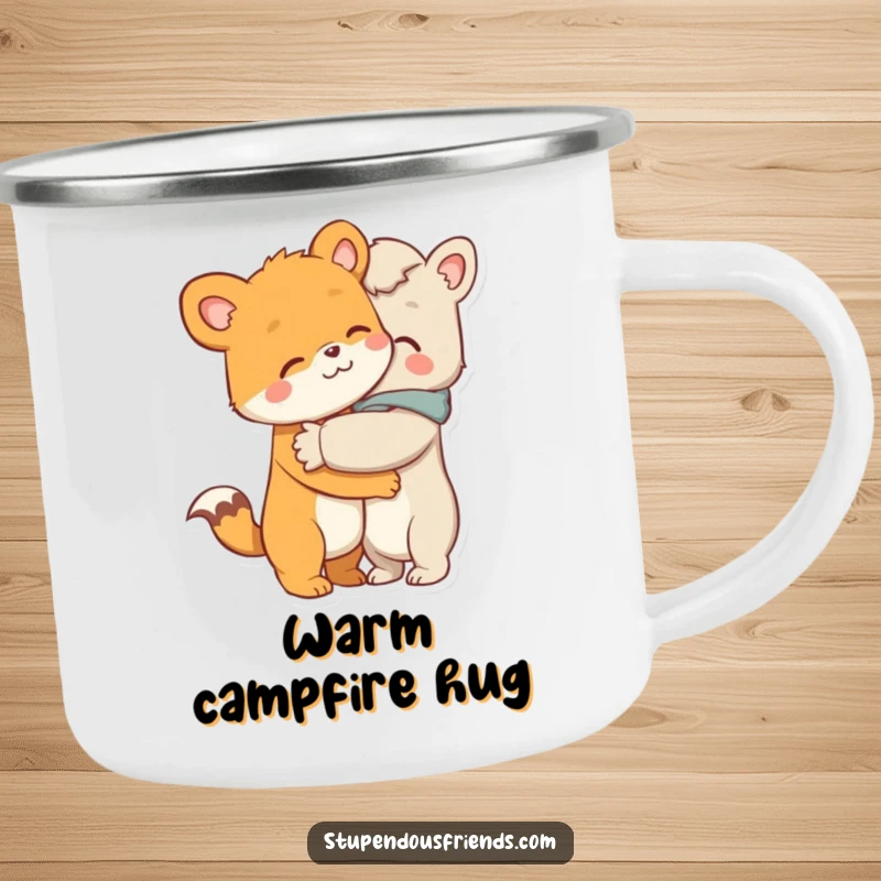Funny camping mug, two cute animal characters in a warm, comforting hug, perfect for sharing moments of connection outdoors.