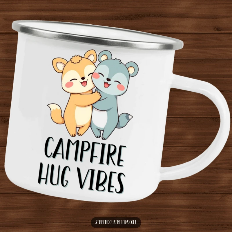 Funny hugging animals camping mug with two smiling creatures in an embrace, perfect for cheerful outdoor sipping.