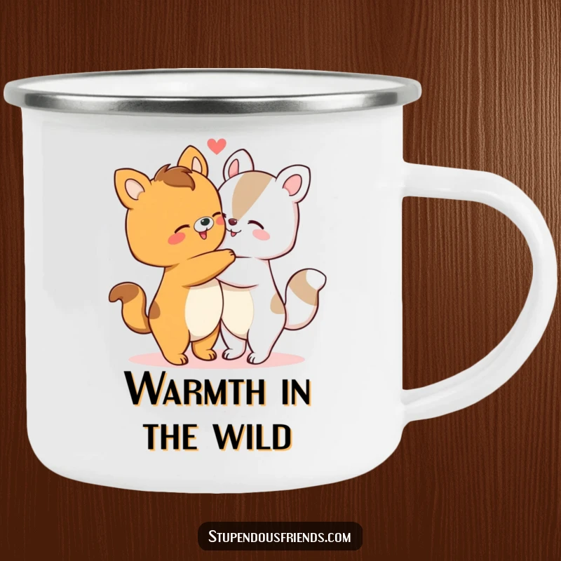 Funny camping mug with animals sharing a hug, perfect for cozy outdoor moments and warm drinks. A delightful funny gift.