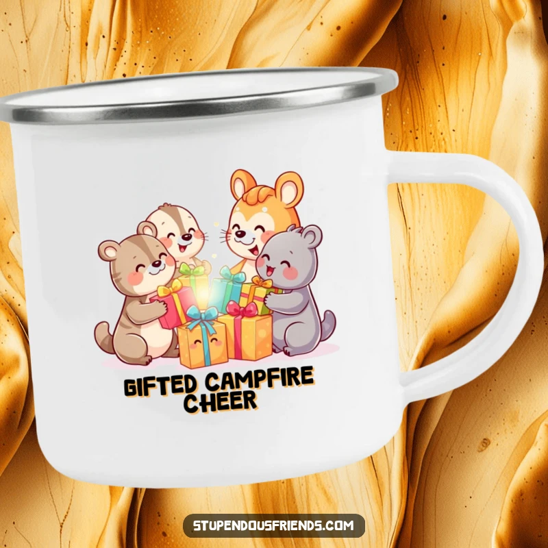 Funny camping mug showing happy animal characters exchanging colorful gifts, perfect for outdoor enthusiasts.