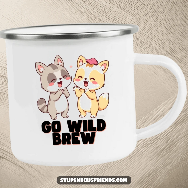 Funny camping mug featuring an animal character enthusiastically cheering, perfect for outdoor enthusiasts who love encouragement and fun.