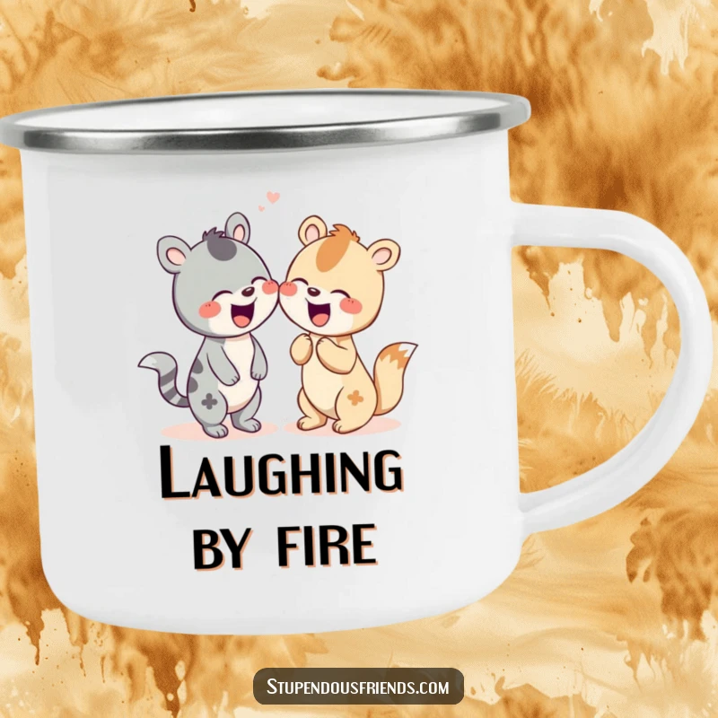 Funny camping mug with two adorable animal characters sharing a hearty giggle, perfect for outdoor enjoyment.
