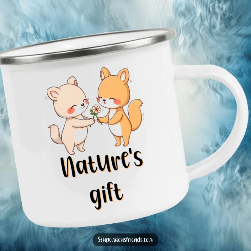 Funny camping mug with an animal character gently handing a flower to another with a friendly gesture, perfect for peaceful outdoor moments.