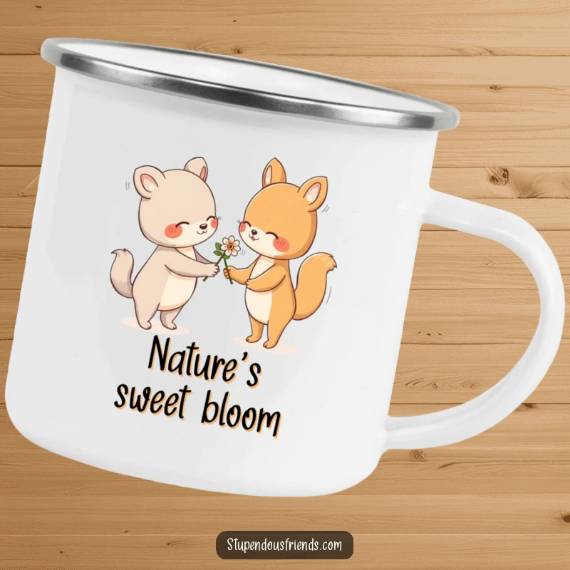 Funny Camping Mug depicting an animal offering a flower with a gentle gesture, suitable for outdoor enthusiasts.