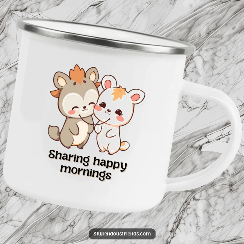 Funny happy animal friends camping mug, two characters sharing a giant smiley face, perfect for cheerful outdoor drinks.