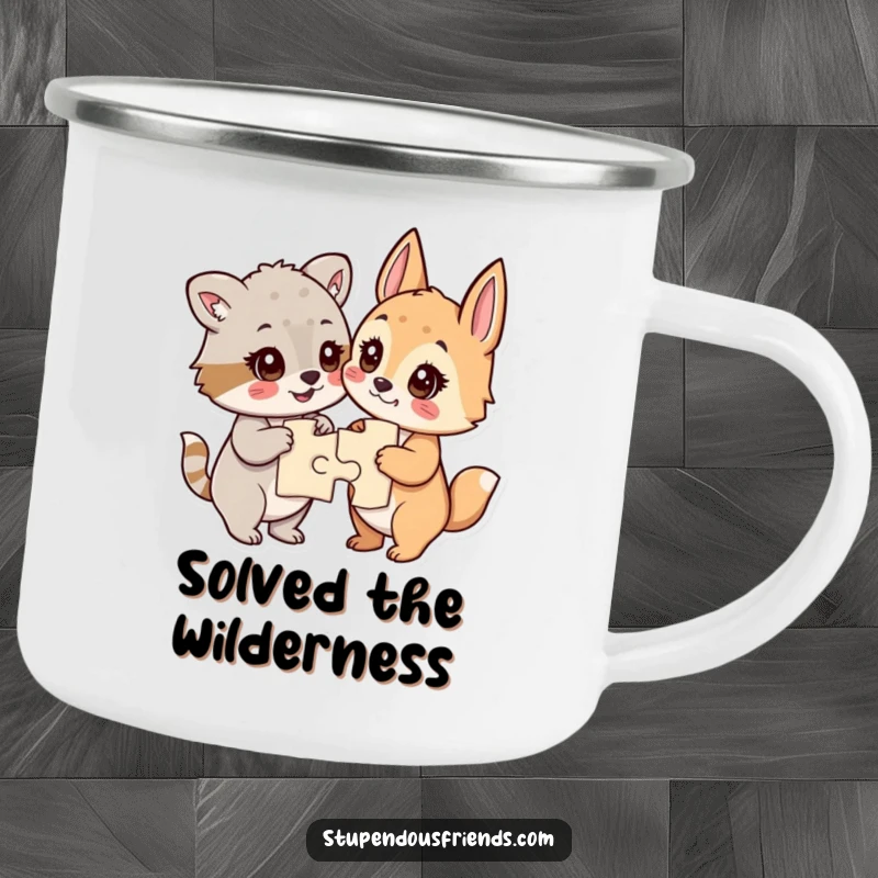 Funny camping mug with animals proudly displaying their completed jigsaw puzzle, eyes sparkling with accomplishment.
