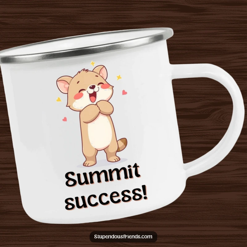 Funny camping mug featuring an animal character giving a joyous hug to another, suitable for hot or cold drinks outdoors.