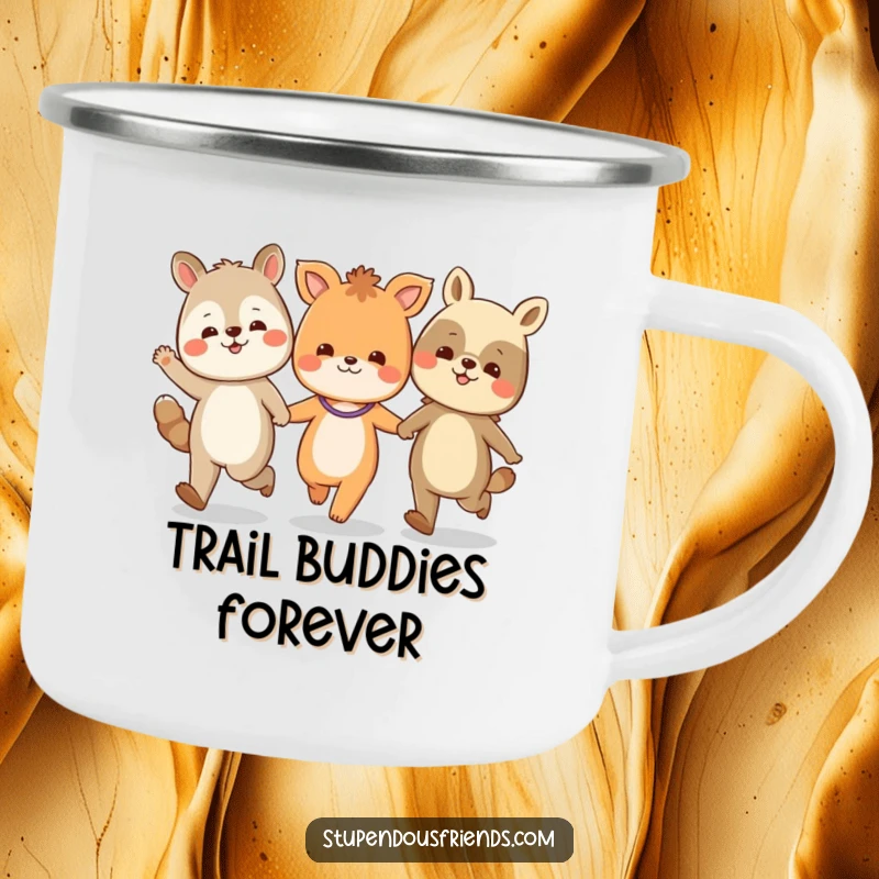 Funny camping mug featuring a group of cheerful animal characters skipping happily around the rim, ready for adventure.