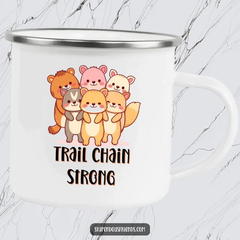 Funny camping mug featuring a chain of animals holding hands, symbolizing friendship on any adventure.