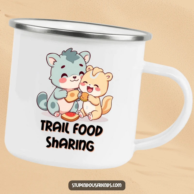 Funny Animal Camping Mug with characters joyfully sharing food, celebrating friendship and generosity with a humorous outdoor vibe.