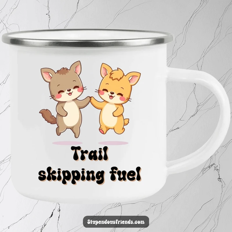 Funny camping mug showing two cheerful animal characters skipping happily outdoors, perfect for adventurers.