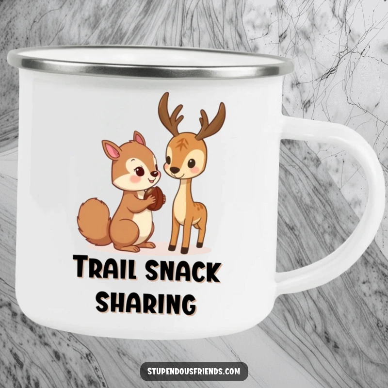 Funny Camping Mug showing a squirrel offering a nut to a deer, ideal for outdoor enthusiasts and nature lovers.