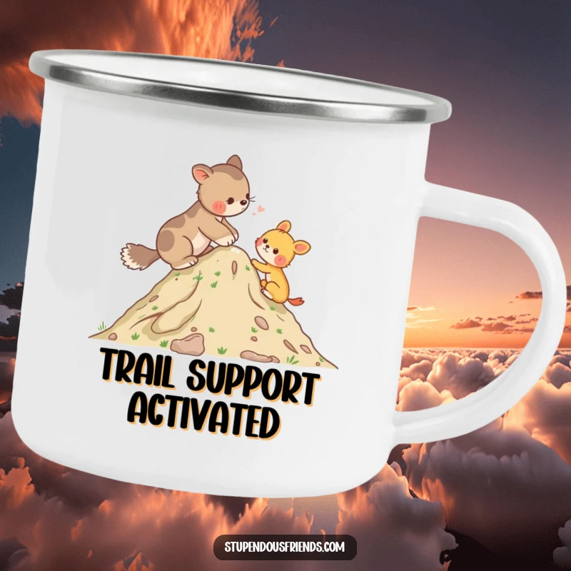 Funny Camping Mug showing an animal helping another up a hill, perfect for outdoor adventures and celebrating friendship on the go.