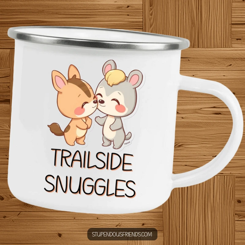 Funny camping mug showing an animal character gently nudging a friend with its nose, perfect for sharing stories.