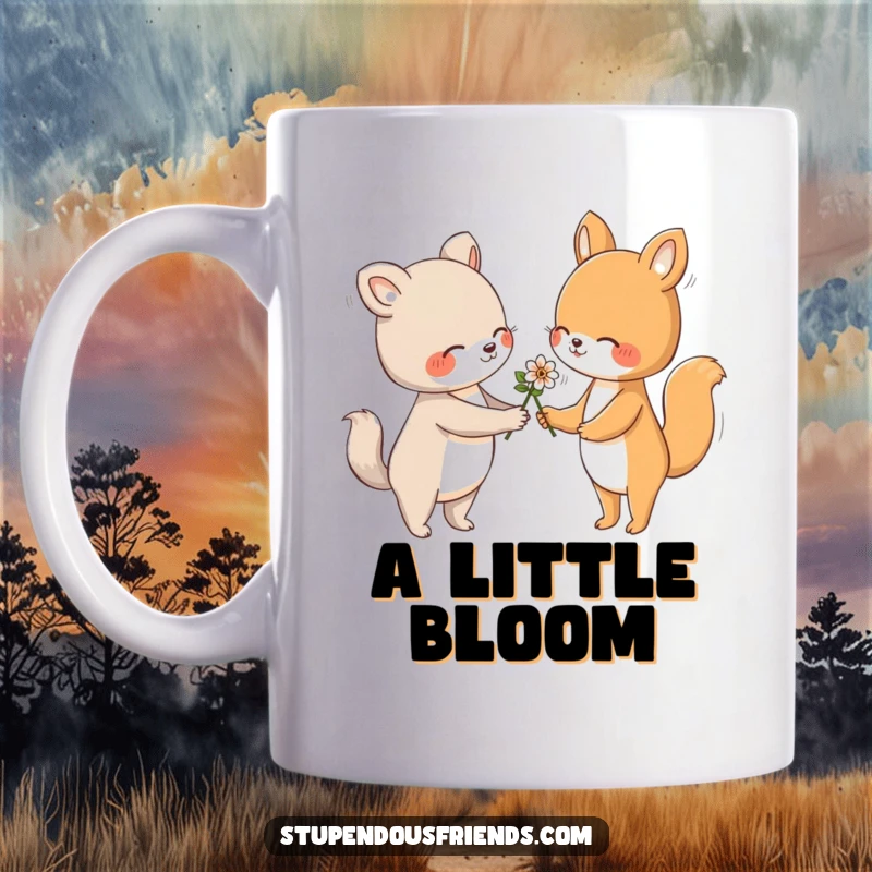 Funny mug showing an animal character gently handing a flower to another with a friendly and kind gesture.