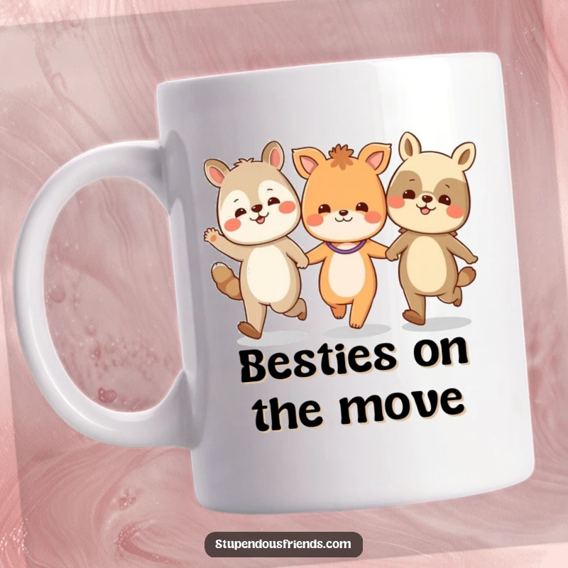 Funny mug with diverse animal characters cheerfully skipping together, holding hands in a delightful parade.