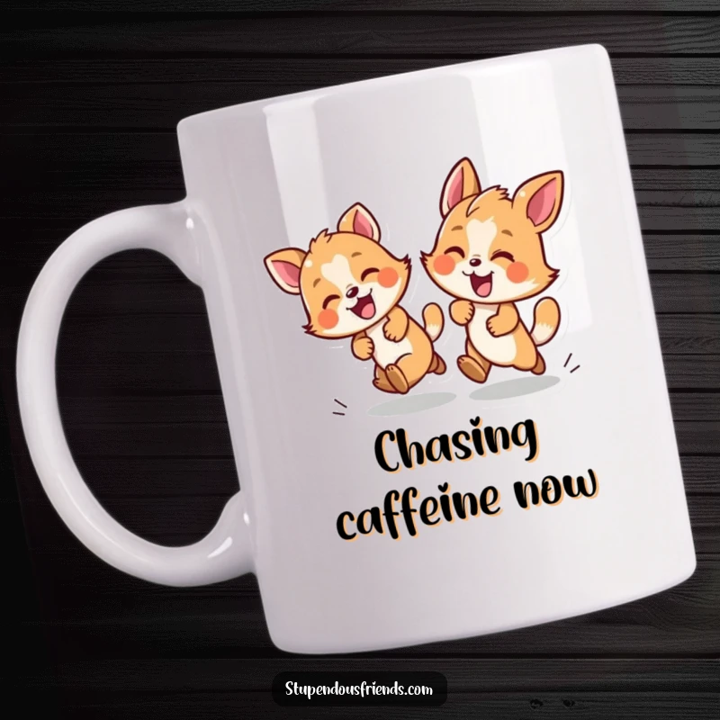 Funny mug depicting two energetic animals joyfully chasing each other, symbolizing playful energy and fun.