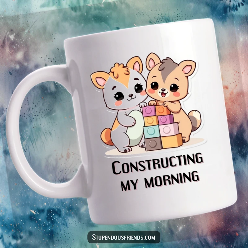 Funny Mug: Two proud animals building with blocks, showcasing teamwork and accomplishment, a perfect funny gift.