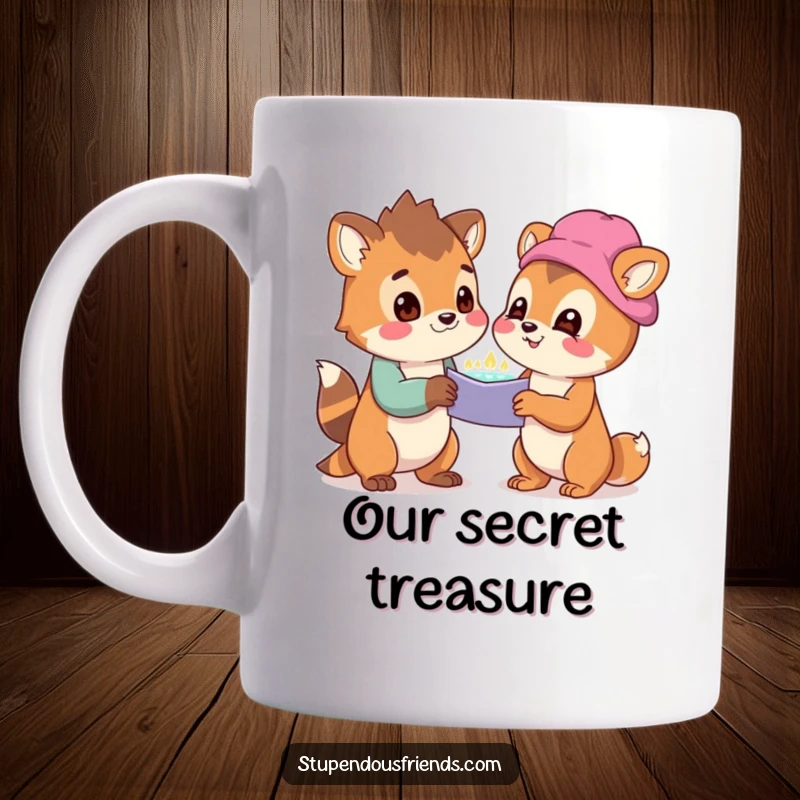 Funny Mug with two animals gazing in awe at a surprising discovery, their expressions filled with pure delight and shared wonder.