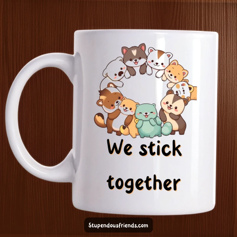 Funny mug showing diverse smiling animal characters forming a circle, holding paws in a gesture of unity and friendship.