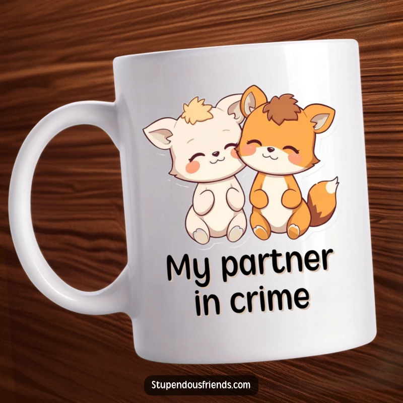 Funny mug with two joyful animal characters leaning together, sharing a secret giggle, perfect for best friend gifts.