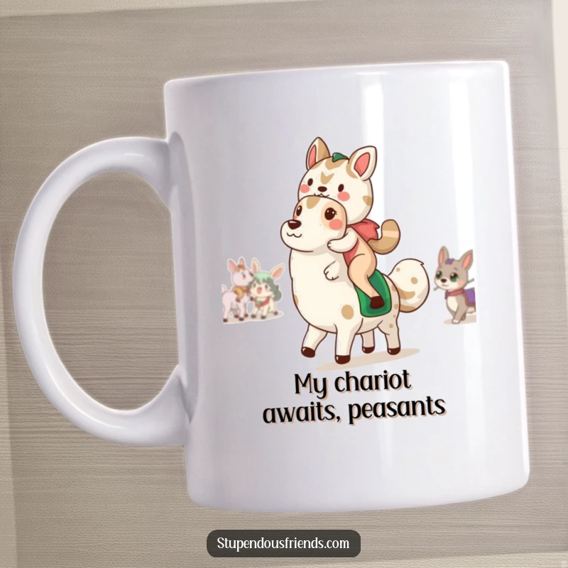 Funny Mug: Two animal characters riding each other in a joyful parade, expressing pure playful fun and happiness.