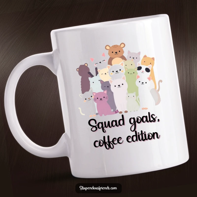 Funny mug with a silhouette of diverse animals gathered in a joyful, tight-knit huddle, representing togetherness.