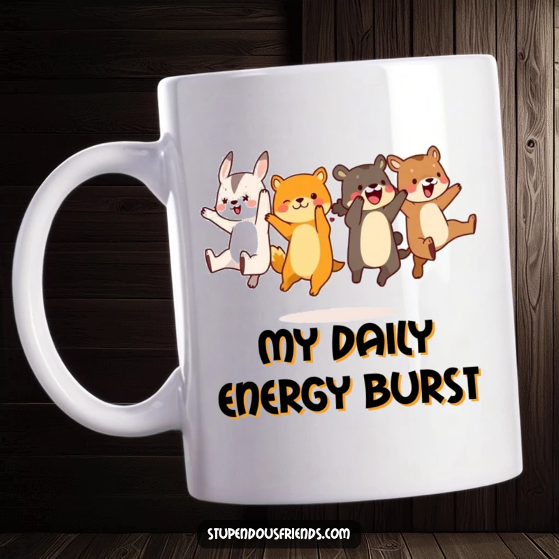 Funny animal characters executing a perfect, synchronized leap mid-air, showcasing teamwork and comical coordinated movement on this mug.